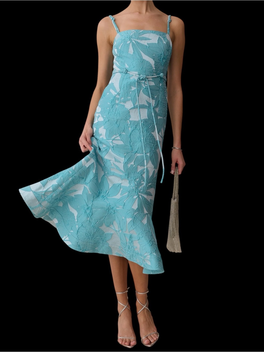 Few Moda o.p.t. Jacqueline Dress Sleeveless Aqua Blue Floral Lace Midi NWT